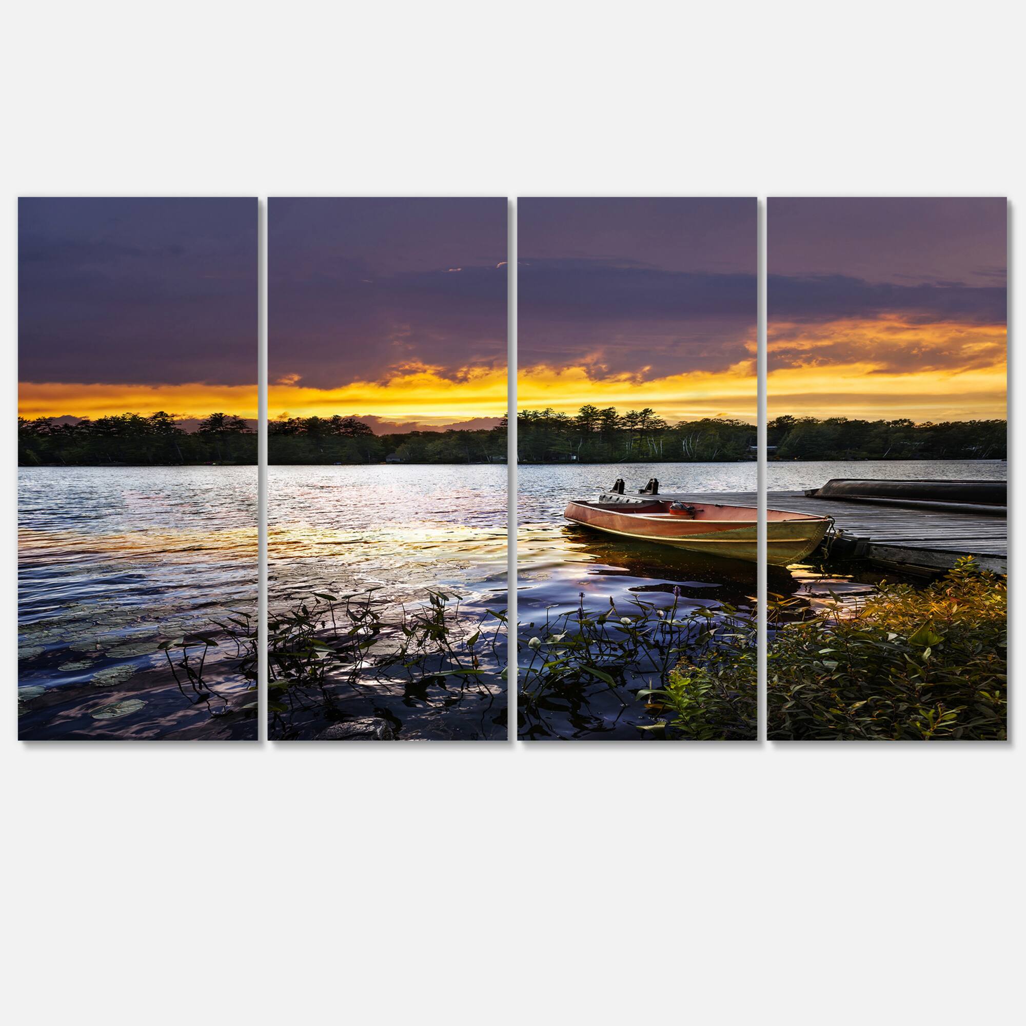 Designart - Boat Docked in Lake at Sunset